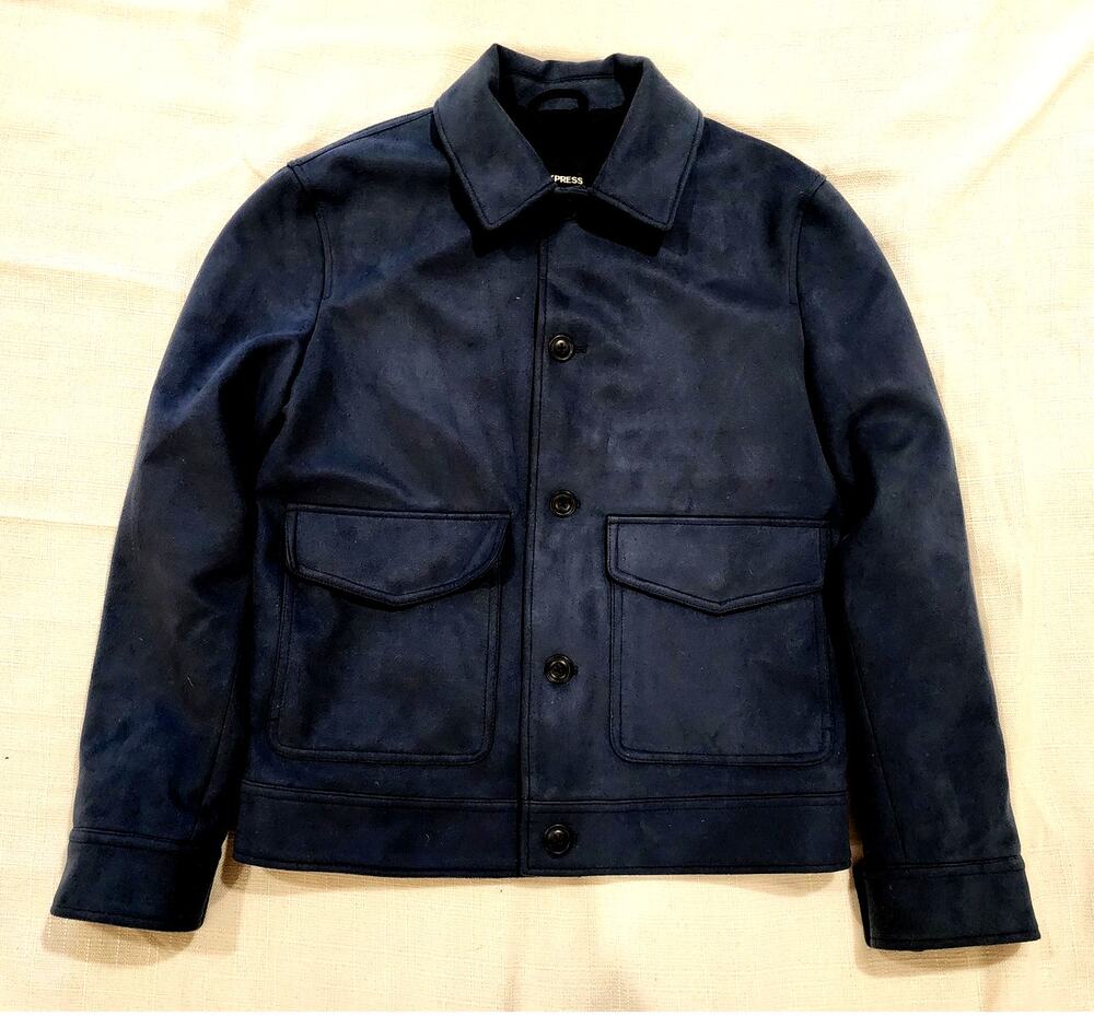 Express Mens Navy Blue Faux Suede Chore Jacket Snap Front Size XXL